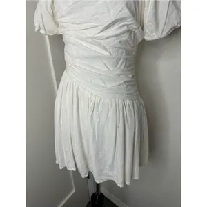 Charming Off-White/Cream Ruched Mini Dress – Puff Sleeves & Smocked Back small thumbnail 9