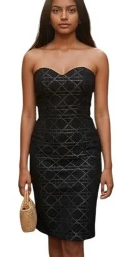 Aqua Black Geometric Jacquard Strapless‎ Sheath Dress Size S thumbnail 1
