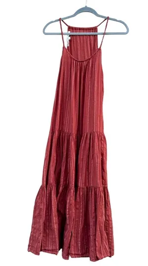 Anthropologie Frye x Alyssa Tiered Maxi Dress Copper Metallic Stripe Medium thumbnail 1