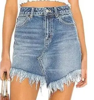 Free People We The Free Bailey Denim Mini Skirt Blue Fray Asymmetric Hem 28 NWT thumbnail 1