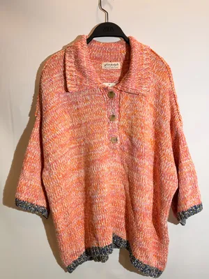 NWT Free People Orange Pink Marled Knit Oversized Button Collar Sweater M thumbnail 1