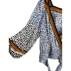 Maeve by Anthropologie Wrap Blouse Blue White Black Print‎ Smocked Waist XS thumbnail 6