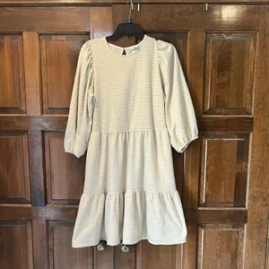 Draper James RSVP Tiered Skater Dress Gold Cream Houndstooth Shimmer Medium‎ M thumbnail 4