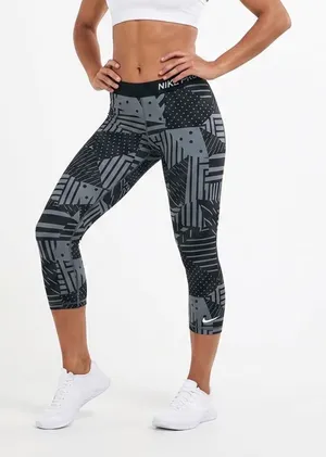 Nike Pro Dri-FIT Grey Black Geometric Patchwork Cropped Leggings Womens Medium thumbnail 1
