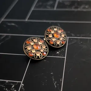 Vintage Clip On Earrings - Dark Bronze Tone with Shades of Orange Gems 7/8" thumbnail 3