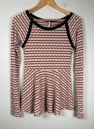 Free People Wavy Stripe Pointelle Peplum Long Sleeve Top‎ Size S Peach Black thumbnail 1