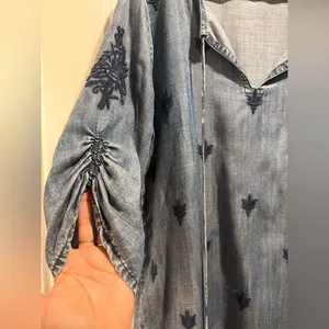 Soft Surroundings Denim Embroidered Tunic/Dress Tie Neck Tassels3/4 Sleeves Sz L thumbnail 5