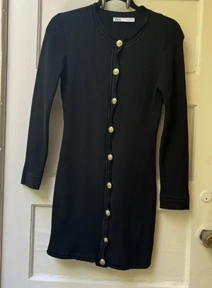 Zara Black Dress L Bodycon Work Long sleeve Preppy Ribbed Fitted Professional thumbnail 1