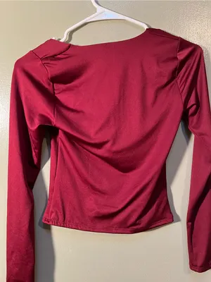 Gaze Women’s Sz XS Square Neck Long Sleeve Blouse Burgundy Cropped Sheen Stretch thumbnail 6