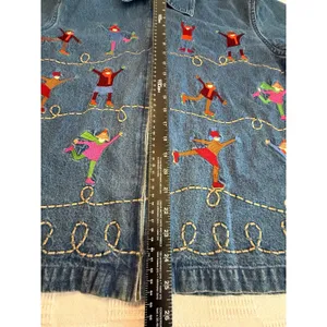 Embroidered Novelty Shacket Ice Skaters Denim Jacket Winter whimsical Teacher M thumbnail 6