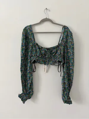 For Love And Lemons Alisa Blue Green Floral Sweetheart Long Sleeve Crop Top NWT thumbnail 2