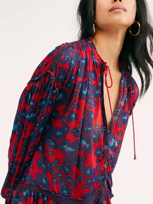 NEW Free People Red Floral Bohemian Keyhole Long Sleeve Mini Dress SMALL Tunic thumbnail 5
