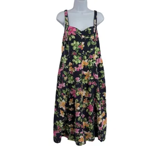 Old Navy Linen Blend Floral Midi Dress Sz L Cottagecore Milkmaid Coastal Navy thumbnail 2