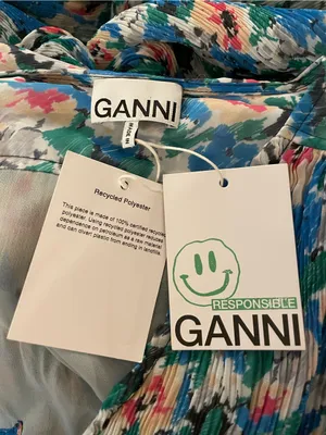 NWT Ganni Floral Pleated Georgette Blue V-Neck Puff Sleeve Midi Dress 40, Large thumbnail 8