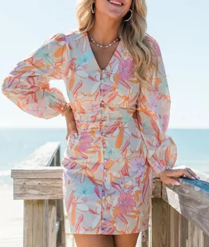Pink Lily Pink and Orange Long Sleeve Sundress thumbnail 3