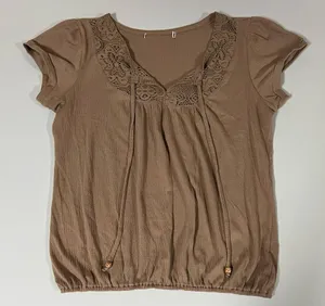 Brown Crochet Boho Short Sleeve Shirt Top Blouse Tee Size M 🤎 thumbnail 1