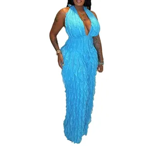 Women’s Blue V-Neck Backless Jumpsuit Romper RuffleWave WideLeg Pants Size M NEW thumbnail 10