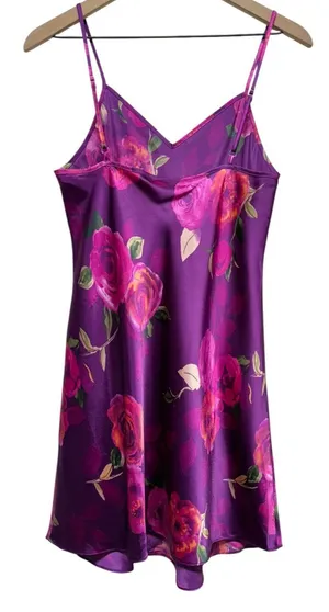 Vtg 90s Morgan Taylor‎ Purple Floral Mini Slip Dress Size S Satin Y2K Lingerie thumbnail 1