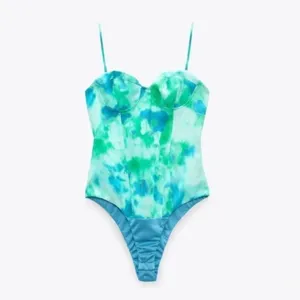 Blue/Green Watercolor Satin Effect Bustier Bodysuit thumbnail 3