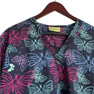 Shana‎ Women Scrub Top L Navy Butterfly Medical Uniform Nurse Workwear Dental thumbnail 10