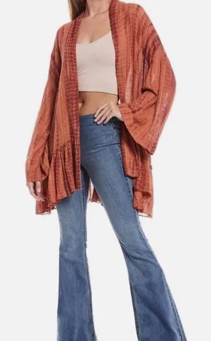 Free People FP One Sasha Kimono Gauze Belted Cardigan Boho Hippie Coral Purple thumbnail 1