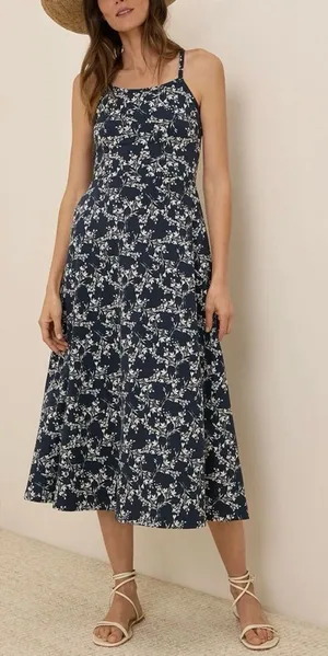PACT Organic Cotton Fit Flare Midi Dress Size Large Navy Floral Shelf Bra Knit thumbnail 1