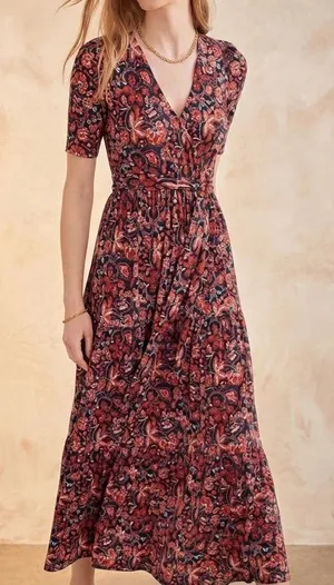 Boden Floral Jersey Knit Short Sleeve Tiered Faux Wrap Maxi Dress US 4R thumbnail 1