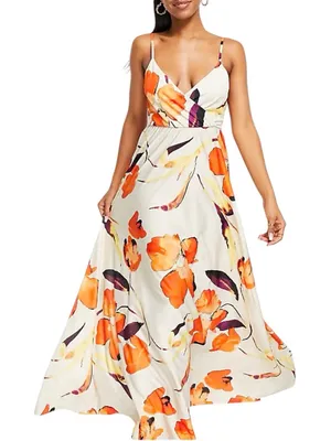 ASOS DESIGN - NWT Floral Plunge Tie Back Maxi Dress Cream Orange Sz 6 thumbnail 1