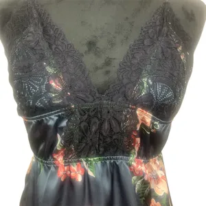 Women's S Dark Floral Nightgown‎ Top Black Lace Trim Cami Y2K Feminine Babydoll thumbnail 3