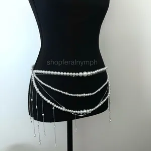 Y2K Coquette White Faux Pearl Layered Draped Chain Belt, 31.5 Inches, X7GA1139 thumbnail 5