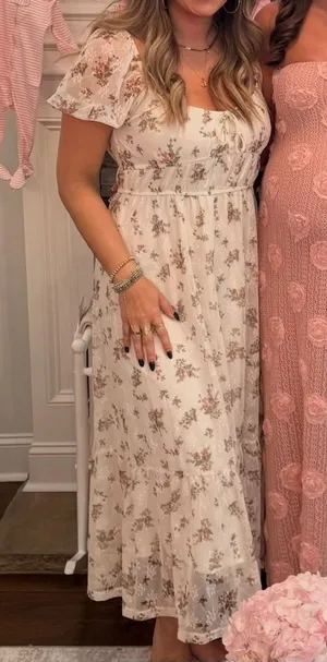 Blu Pepper Cream Floral Puff-Sleeve Milk Maid Midi Dress thumbnail 1