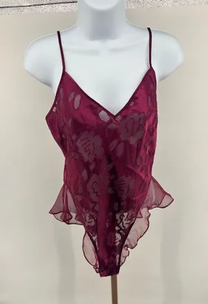 Vintage Victorias Secret Satin Teddy Lingerie Gold Label Maroon Floral Size M thumbnail 1