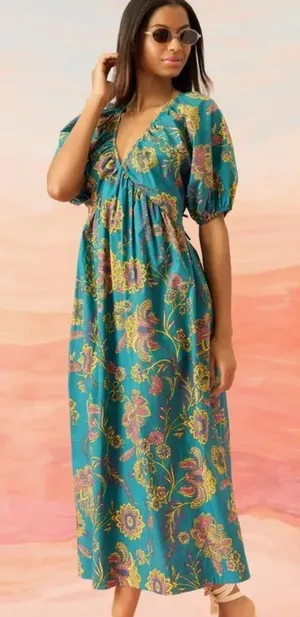 NWT The Good Journey Puff Sleeve Floral Cotton Maxi Dress Green 2 thumbnail 1