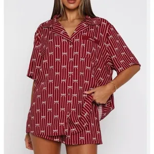 White Fox Shorts Pajamas Bow Print Personalized "Kat" Size S Burgundy Red thumbnail 7