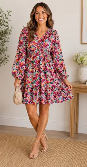 Boho Floral Dress Long Sleeve‎ Babydoll Smocked Large Whimsigoth Cottagecore thumbnail 1