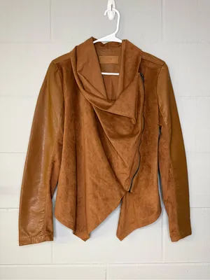 Blank NYC Suede & Leather Mixed Media Drape Front Jacket in Cognac Brown Size Sm thumbnail 4