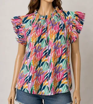 THML Womens Blouse Tropical Leaf Print‎ Ruffle Sleeve Elastic Neck M thumbnail 1