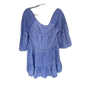 Free People Lola Boho Striped Tiered Dress Chambray Blue Embroidered Lagenlook‎ thumbnail 3