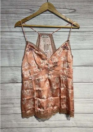 New Free People Intimately Peach/Pink Embroidered Satin Sleep Cami Large Lacey thumbnail 1