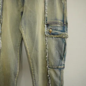 Oli‎ & Hali Yellow Wash Distressed Cargo Jeans XL Fringed Raw Edge Utility Pants thumbnail 4