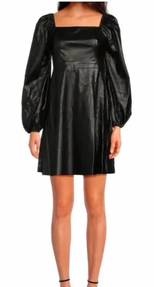 Area Stars Faux Leather Mini Dress Black Long Puff Sleeves Lace Up Square Neck M thumbnail 1