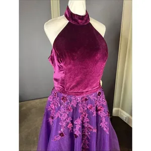 Women’s Velvet Halter Purple Party Dress Floral Tulle Skirt Size M NWT thumbnail 3