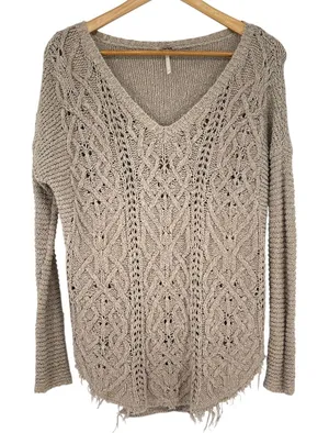 Free People Taupe Cable Knit V-Neck Sweater‎ Distressed Hem Oversized Size XS thumbnail 1