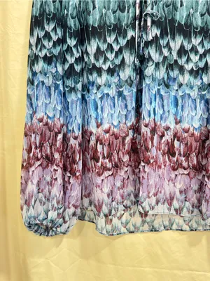 BCBGMAXAZRIA Feather Print Sheer Peasant Blouse Blue Purple Tie Neck Size L thumbnail 6