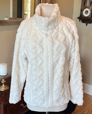 Eddie Bauer So Comfy Blanket Sweater Turtleneck Off White Cable Knit Fleece New thumbnail 1