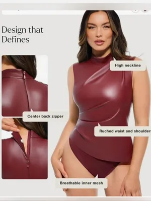 NWT Popilush Sleeveless Faux Leather Mock Neck Tank Top Bodysuit Maroon thumbnail 4