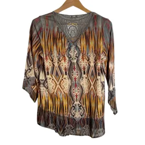 Energe World Wear Multicolor Abstract Boho Pattern Ethnic Tunic Lace Detail sz M thumbnail 3