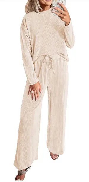 NEW 2 Pc Lounge Travel Outfit Ribbed Knit Long Sleeve Wide Leg L thumbnail 1