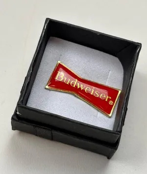 Budweiser Red & Gold Enamel Lapel Pin With Bowtie Logo Design In Black Gift Box thumbnail 1