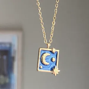 Handmade gold stainless steel blue celestial whimsical chic moon necklace🌟 thumbnail 4